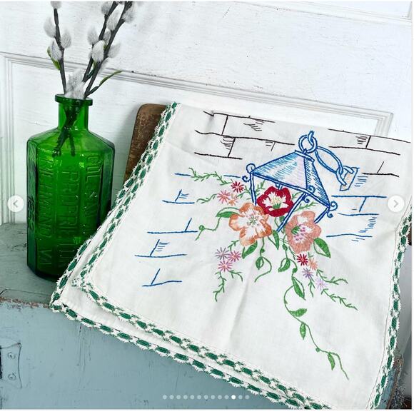 Vintage Embroidered Dresser Scarf Table Runner Lacy Embroidery FLOWER BASKET - Picture 1 of 5